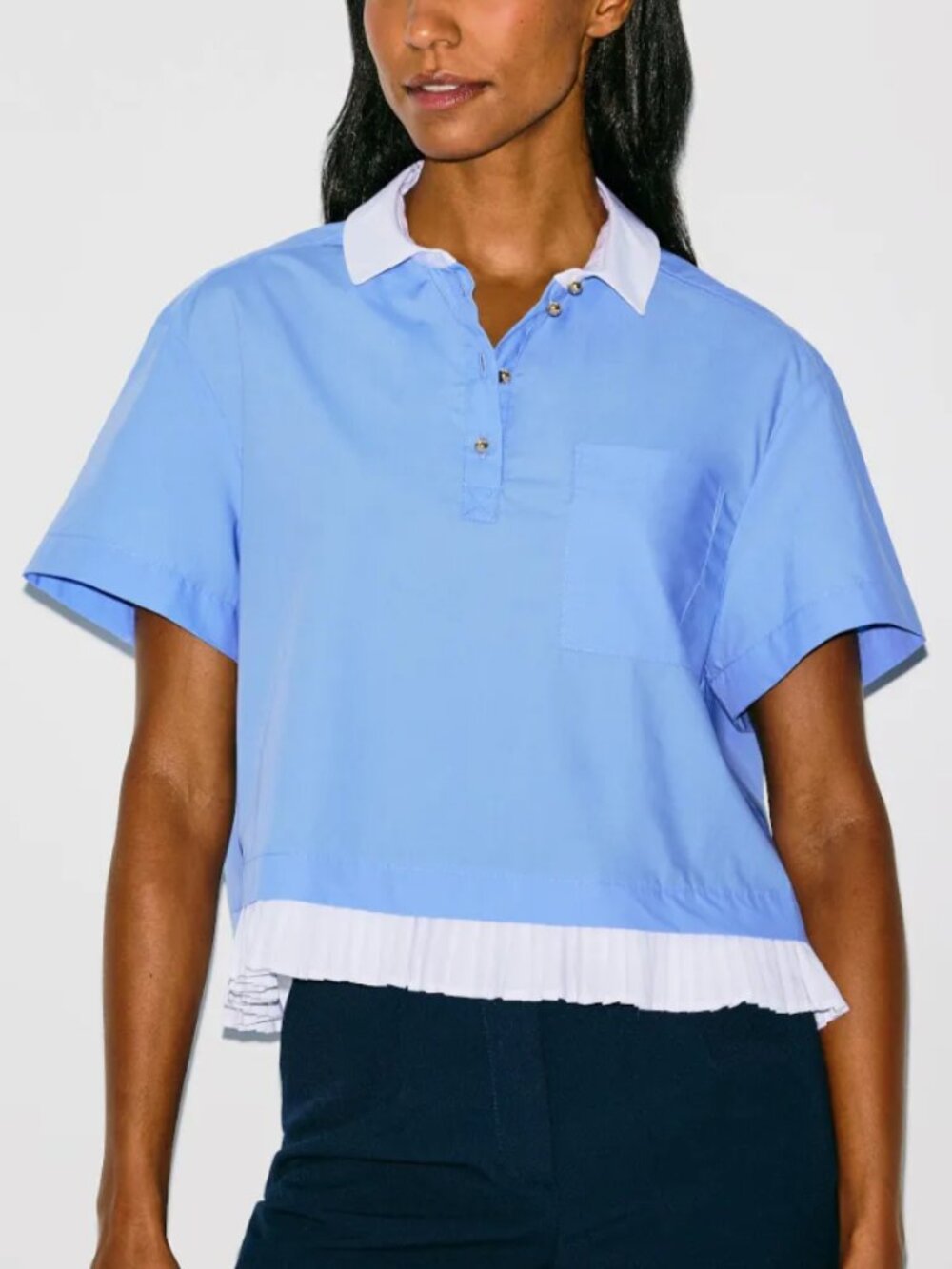 Claudie Pierlot Top Collar Short Sleeve Boxy Blue White Size 38